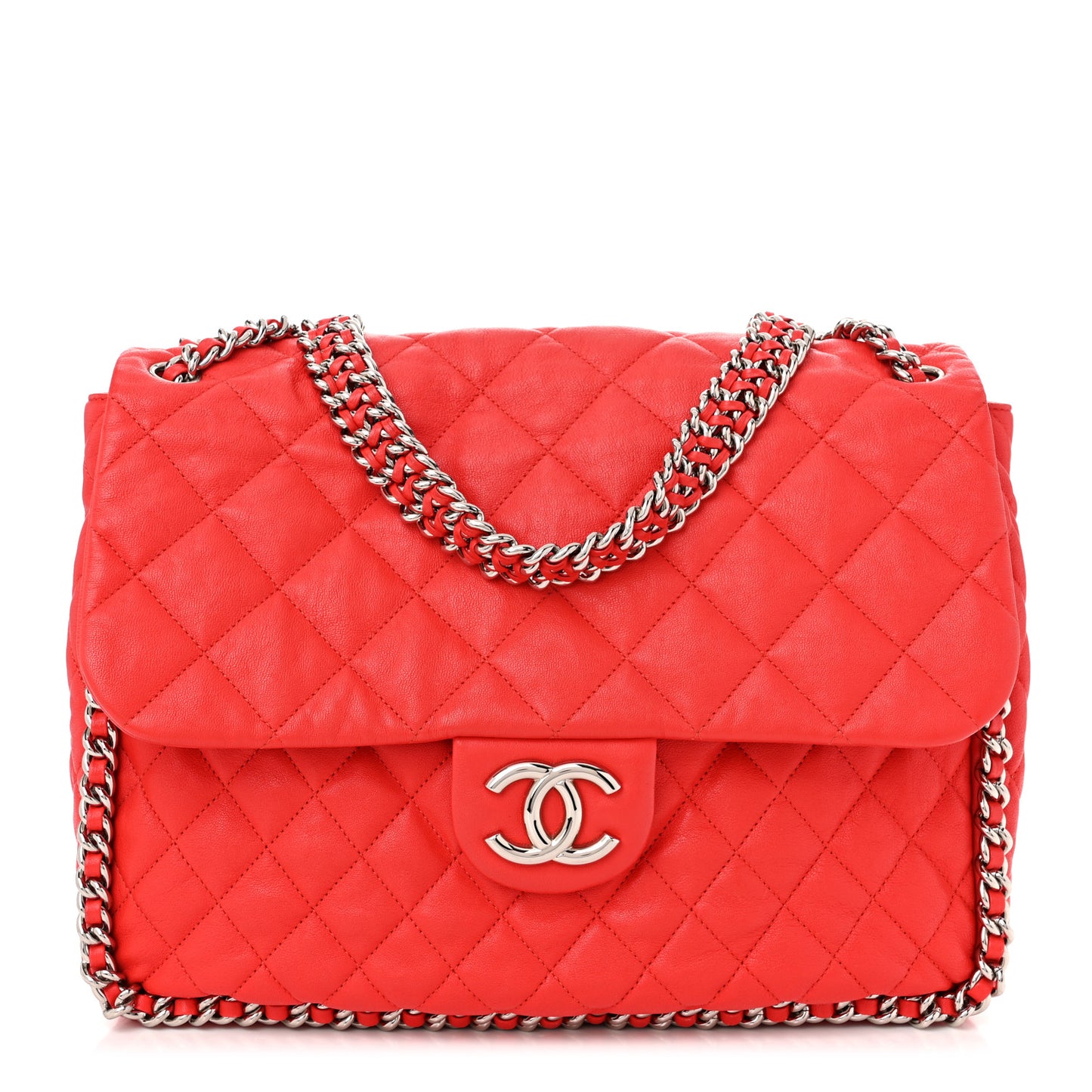 Washed Lambskin Quilted Maxi Chain Around Flap Red