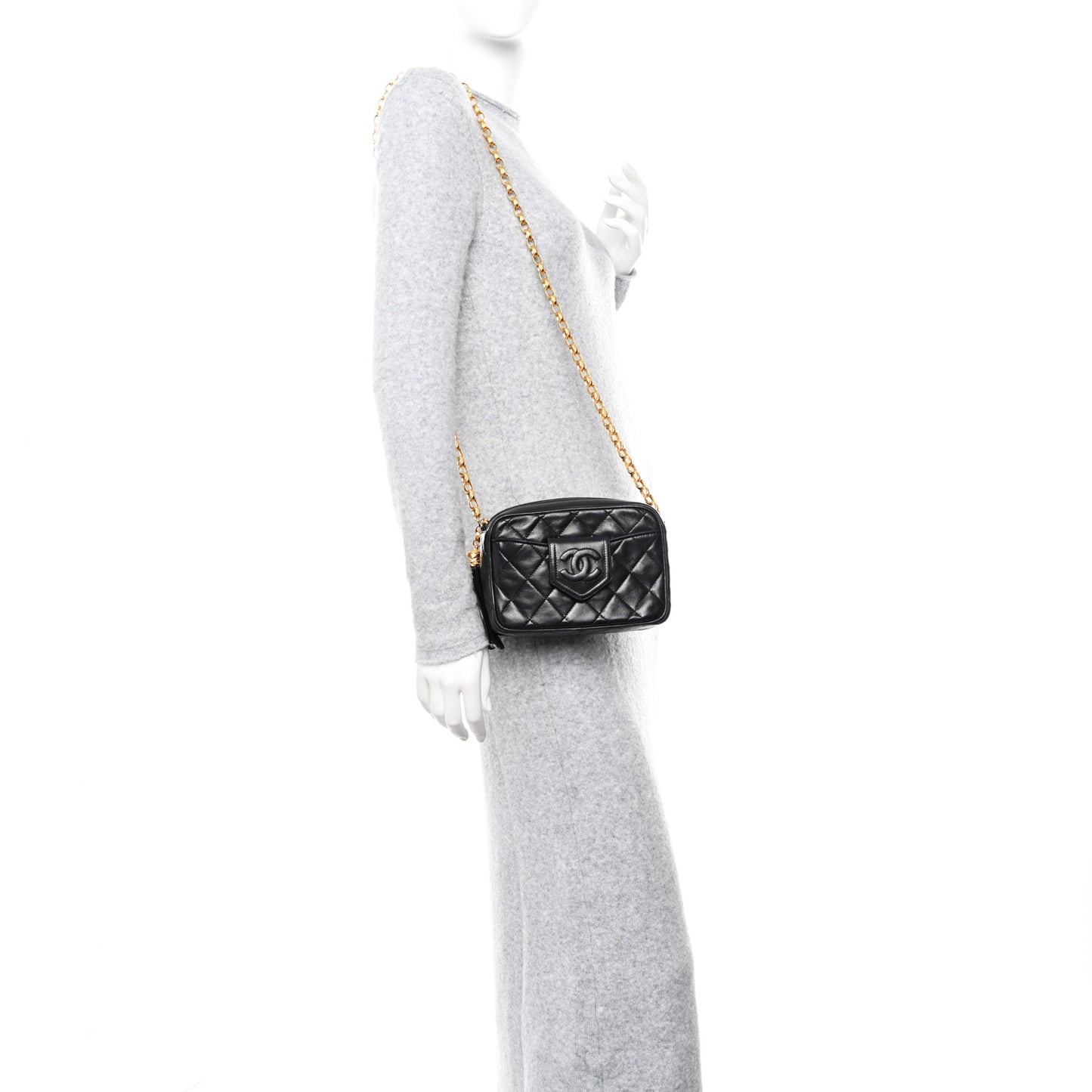 Lambskin Quilted Tassel Camera Case Black
