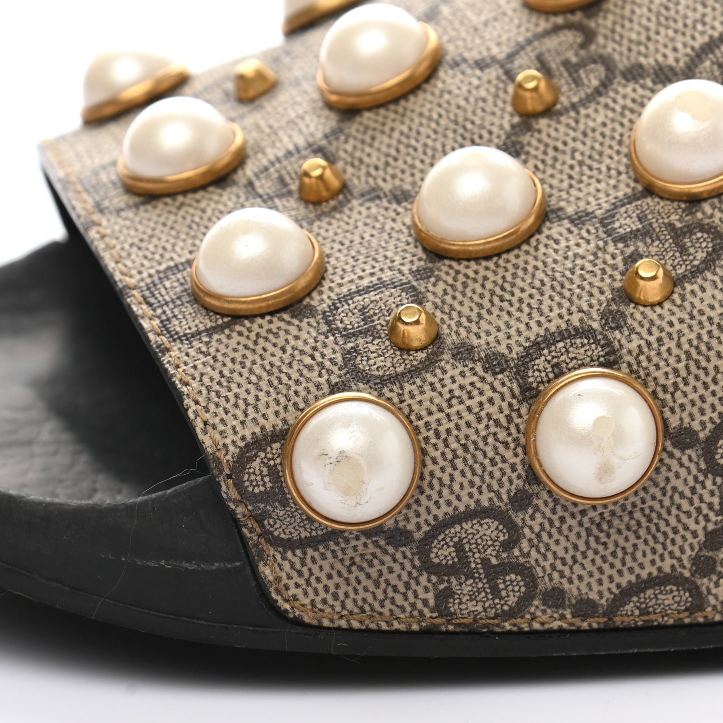 GG Supreme Monogram Slide Pearls Sandals 39 Beige