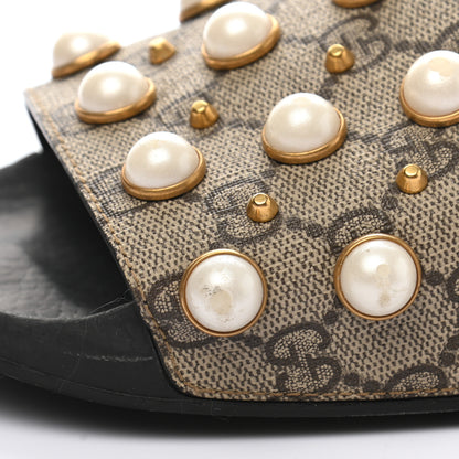 Gucci GG Supreme Monogram Slide Pearls Sandals 39 Beige 8 of 9