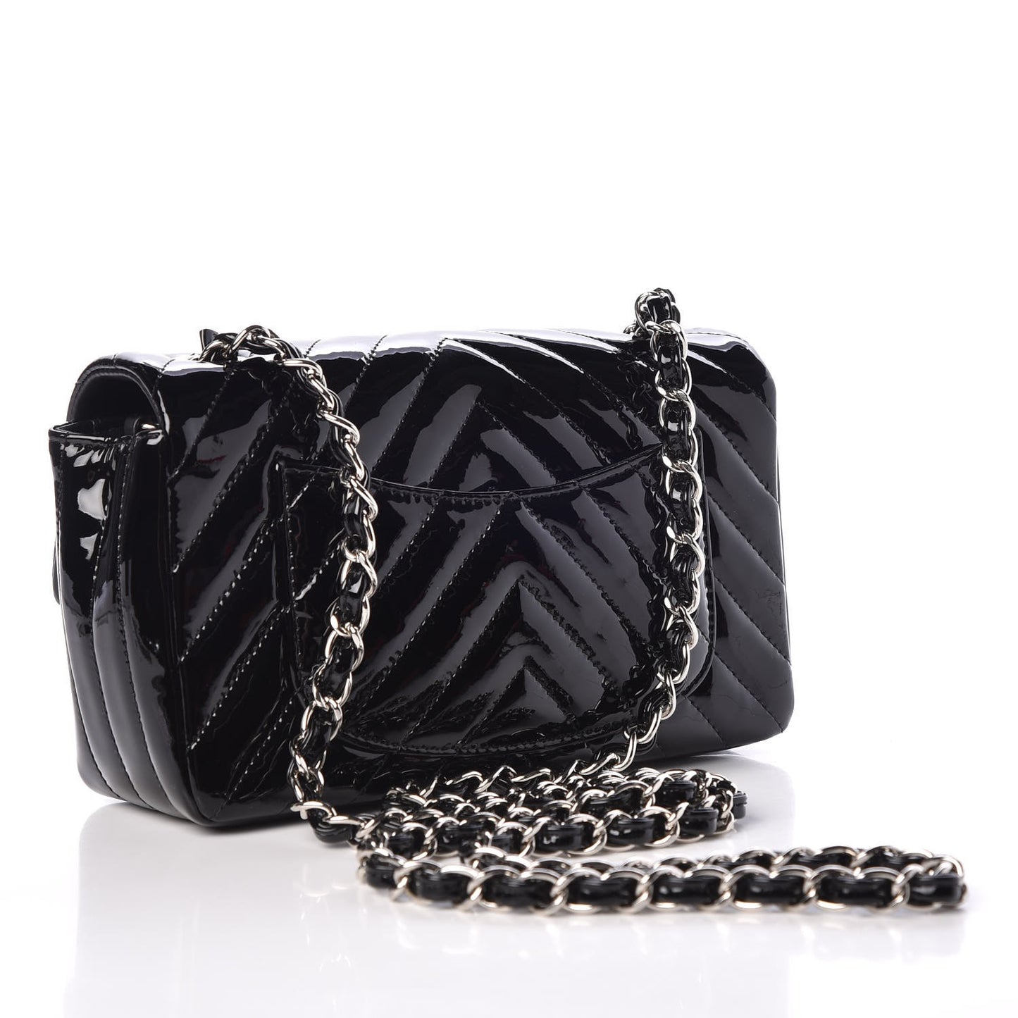 Patent Calfskin Chevron Quilted Mini Rectangular Flap Navy Blue