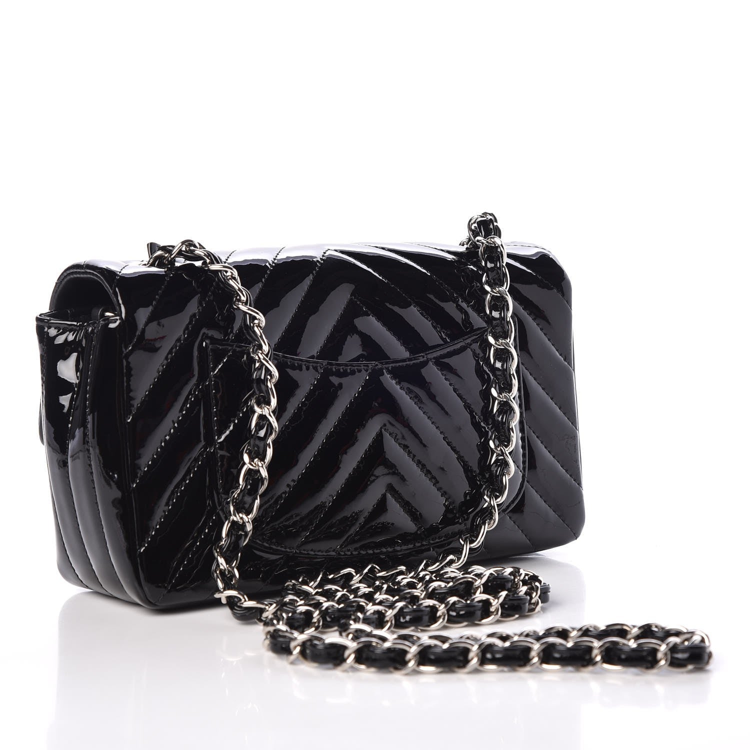 Chanel Patent Calfskin Chevron Quilted Mini Rectangular Flap Navy Blue 2 of 14