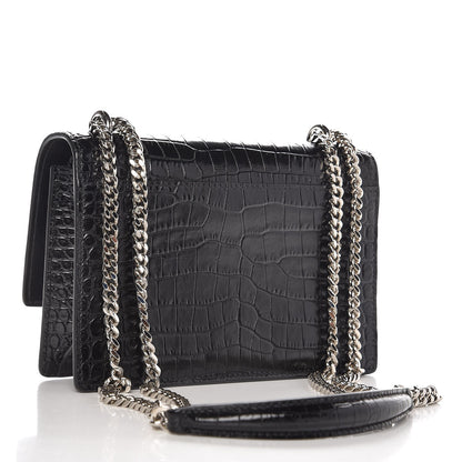 Saint Laurent Calfskin Crocodile Embossed Monogram Sunset Chain Wallet Black 3 of 8