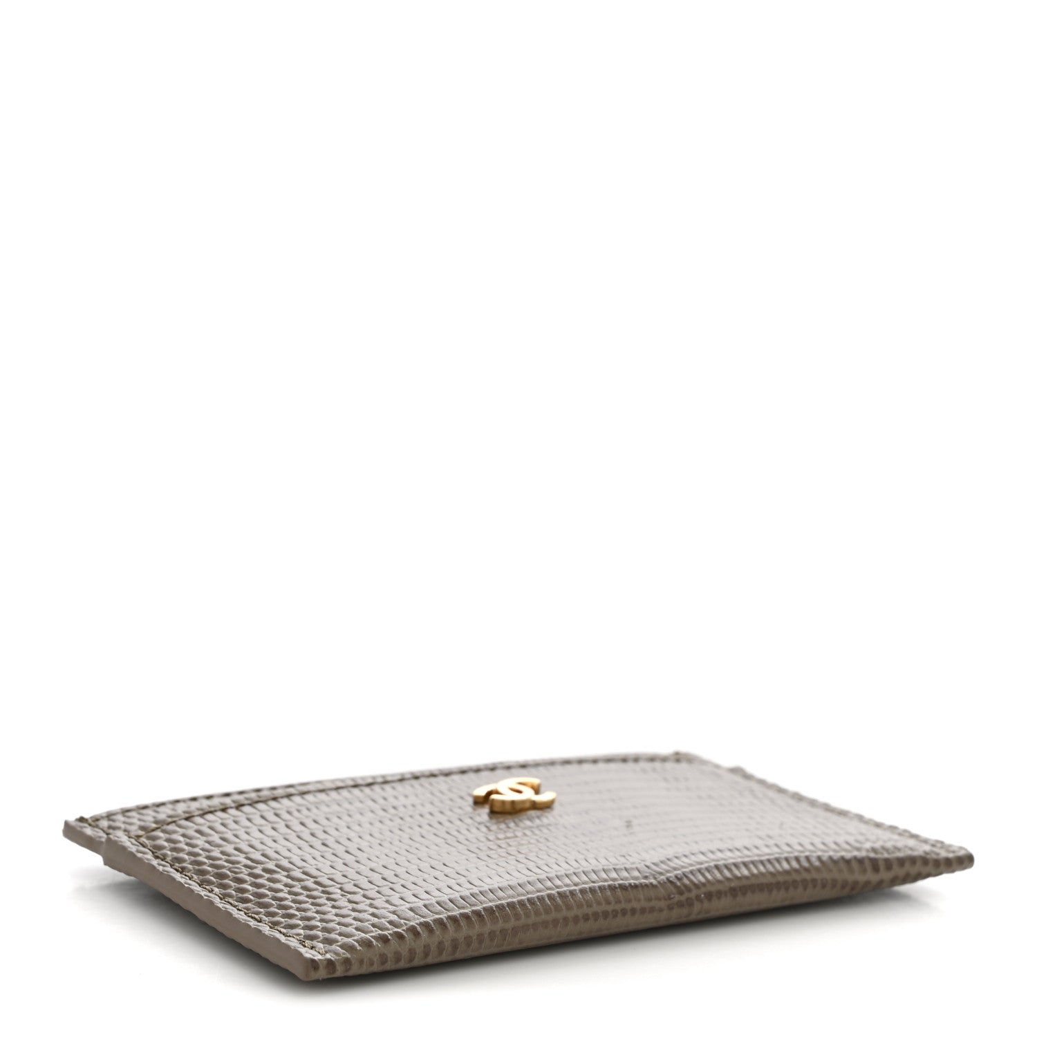 Chanel Calfskin Lizard Embossed Card Holder Gold Dark Khaki