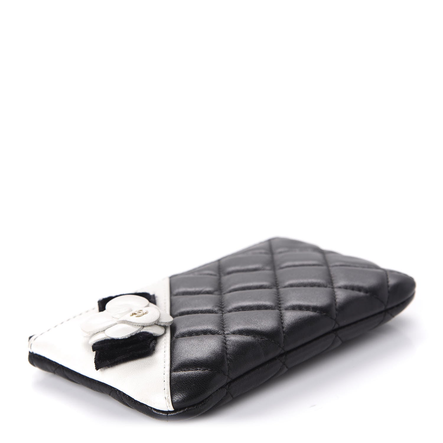 Chanel Lambskin Quilted Small Camellia Cosmetic Pouch Black White 4 of 9