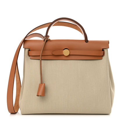 Hermes Military Toile Vache Hunter Herbag Zip Retourne 31 PM Beton Naturel 1 of 13