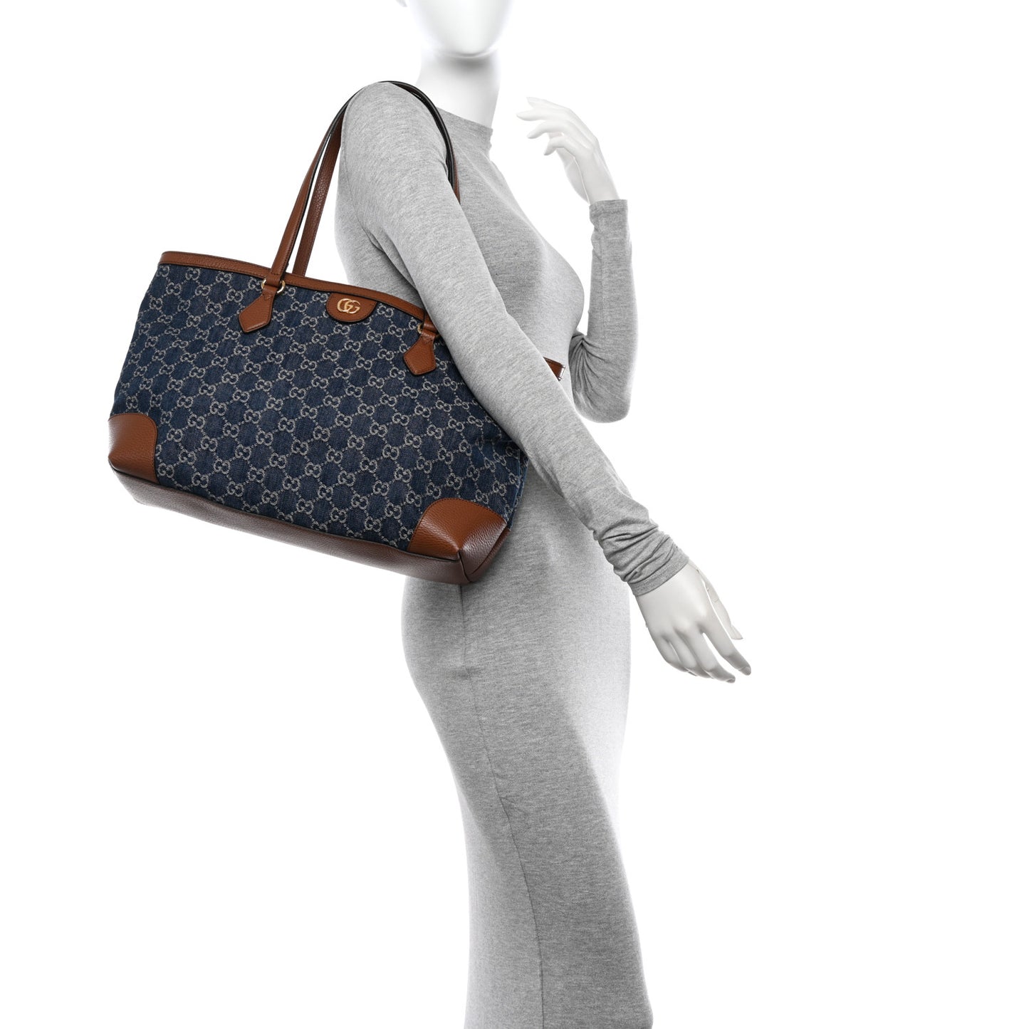 New Denim GG Monogram Medium Ophidia Shopping Tote Blue Tea Cuir