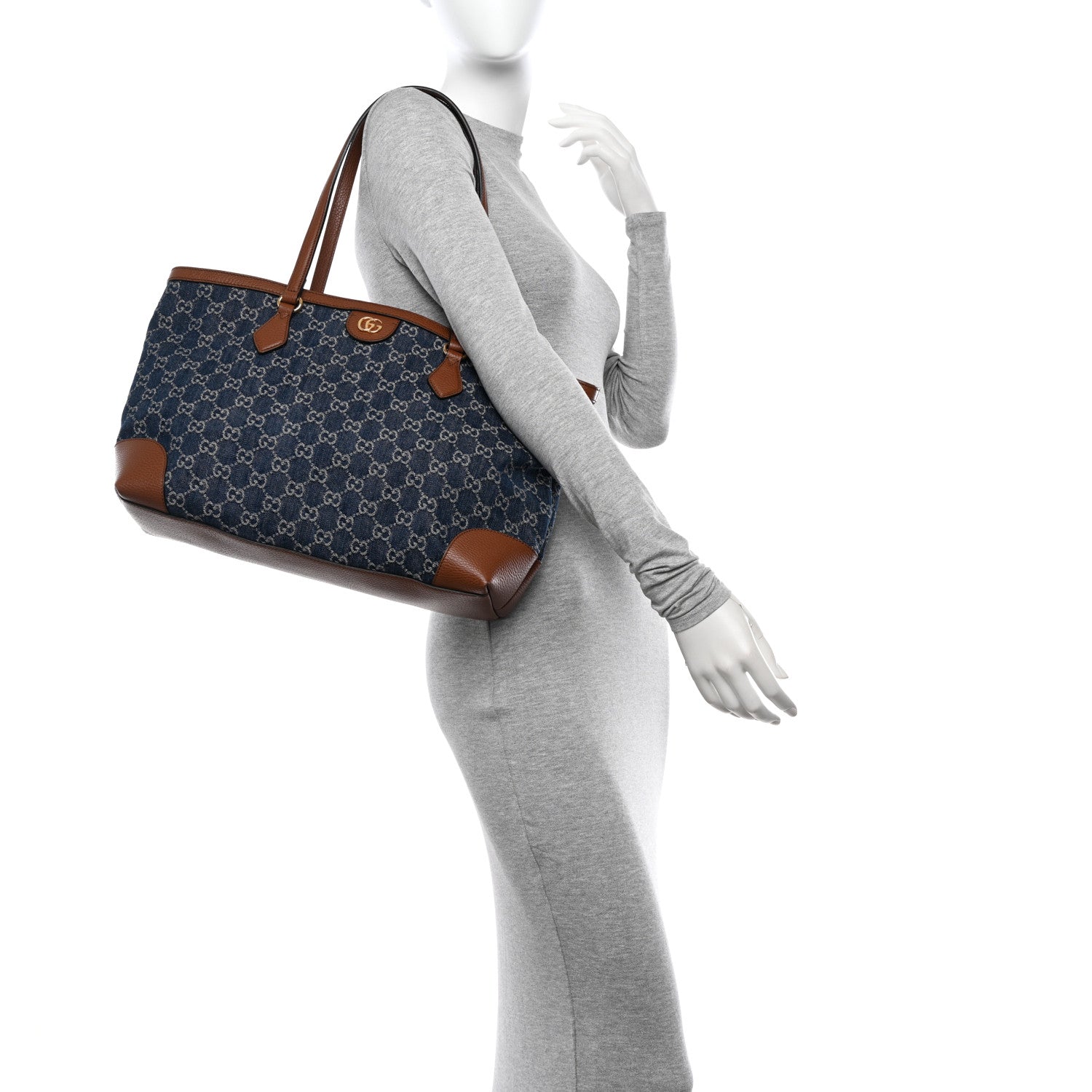 Gucci New Denim GG Monogram Medium Ophidia Shopping Tote Blue Tea Cuir 2 of 11