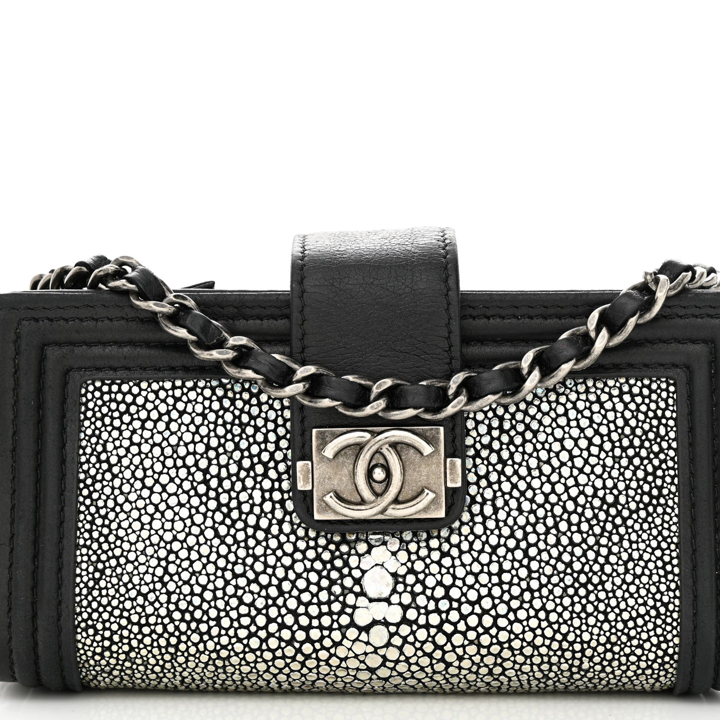 Metallic Galuchat Stingray Lambskin Mini Clutch With Removable Chain Black