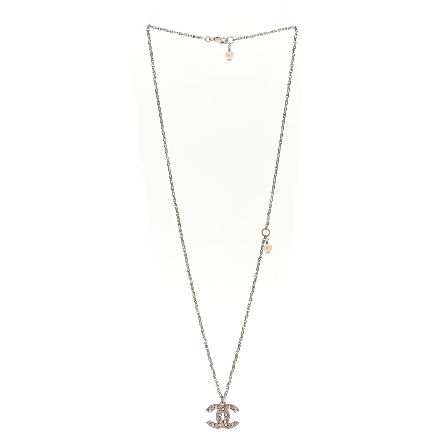 Crystal Pearl CC Pendant Necklace Silver