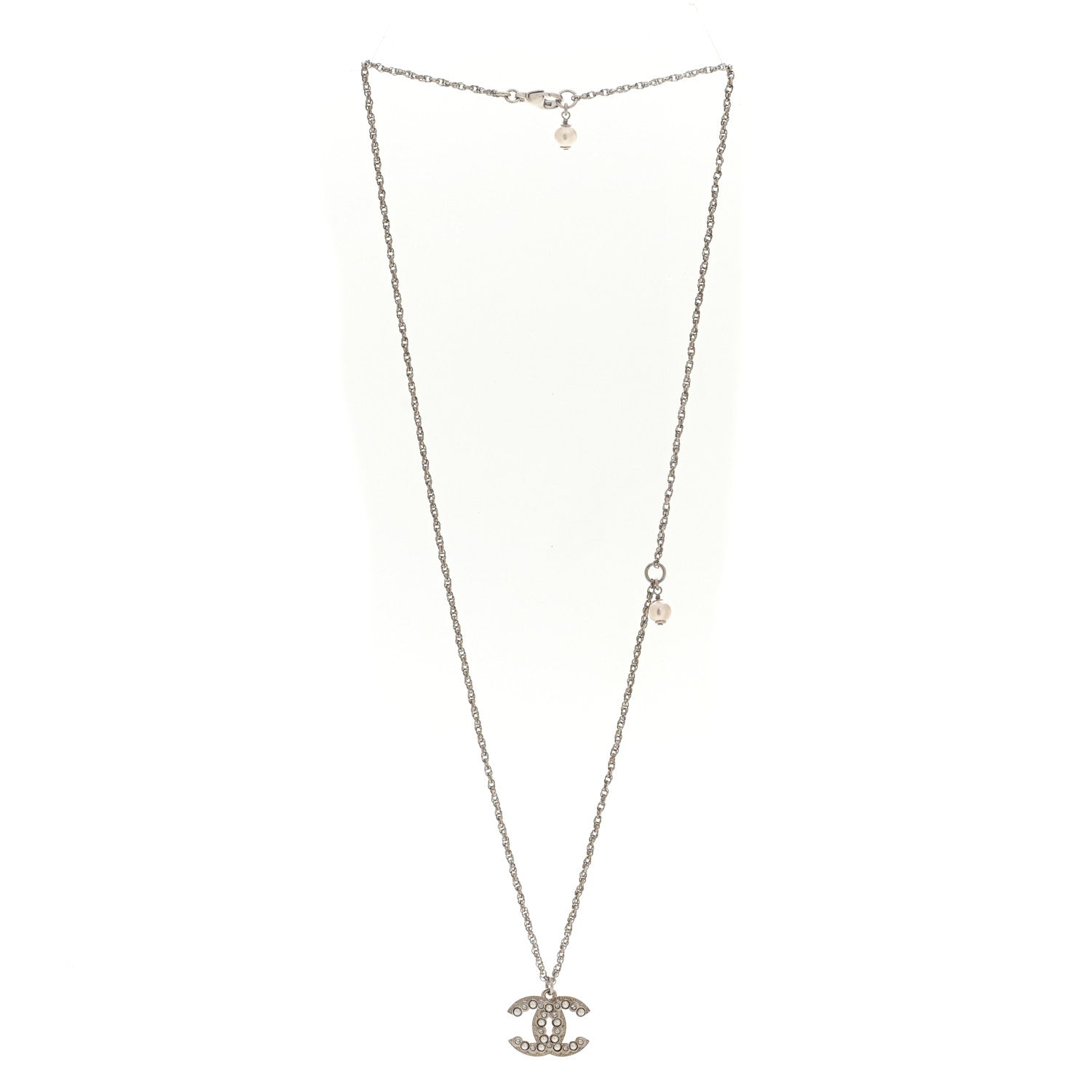Chanel Crystal Pearl CC Pendant Necklace Silver 3 of 5