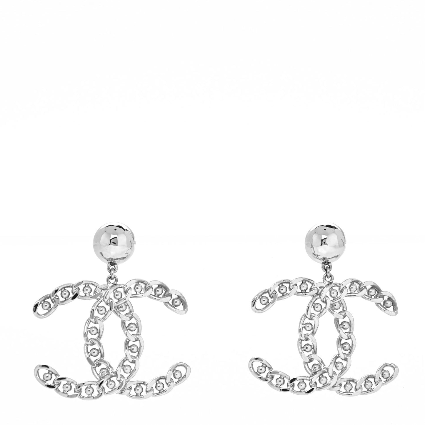 Pearl Chain Link CC Drop Earrings Silver