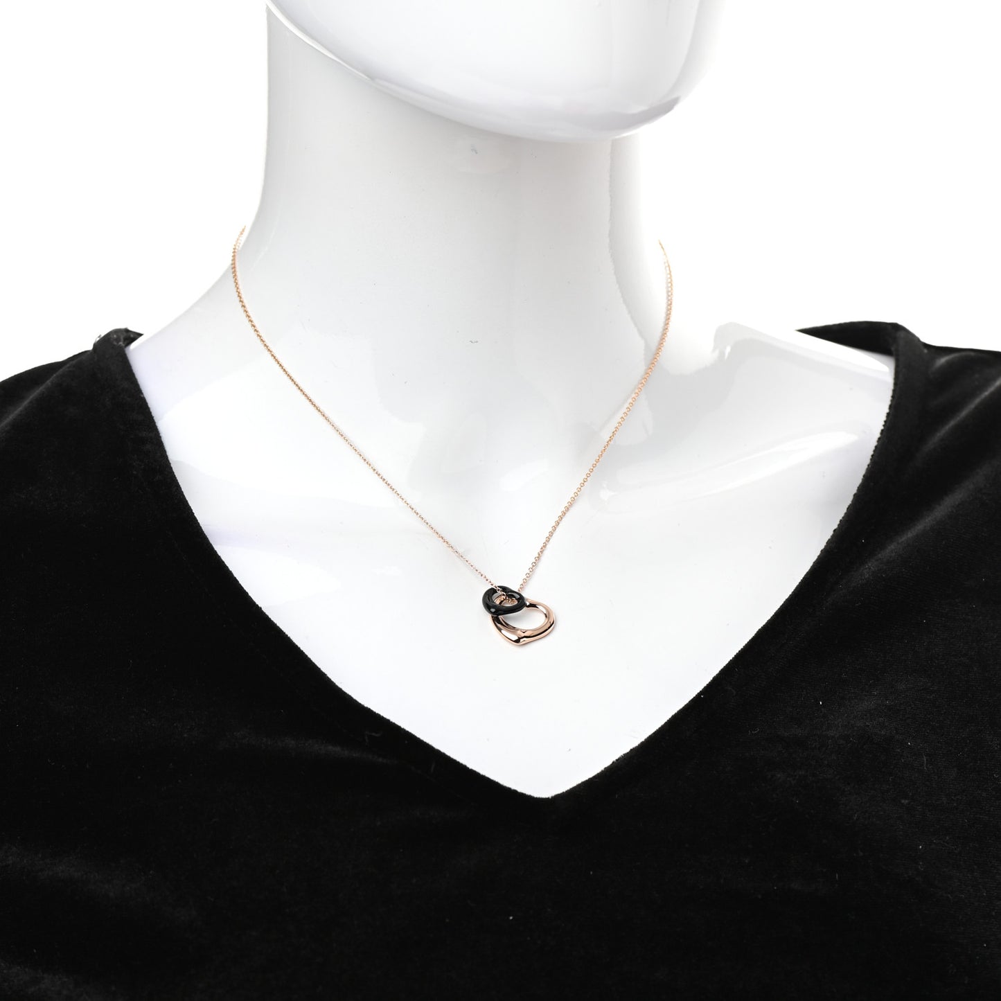 18K Rose Gold Black Jade 16mm Elsa Peretti Double Open Heart Pendant Necklace