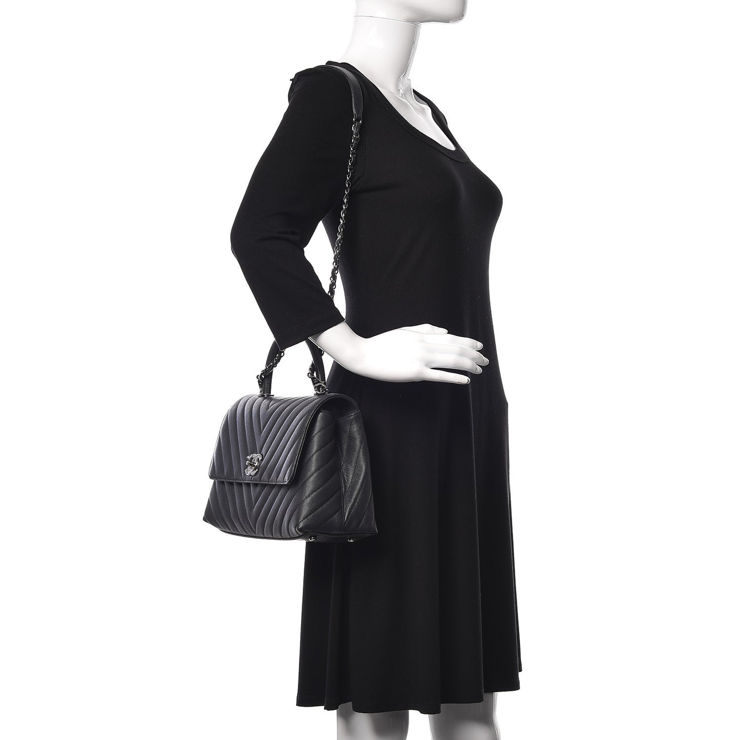 Caviar Chevron Quilted Small Coco Handle Flap Dark Grey