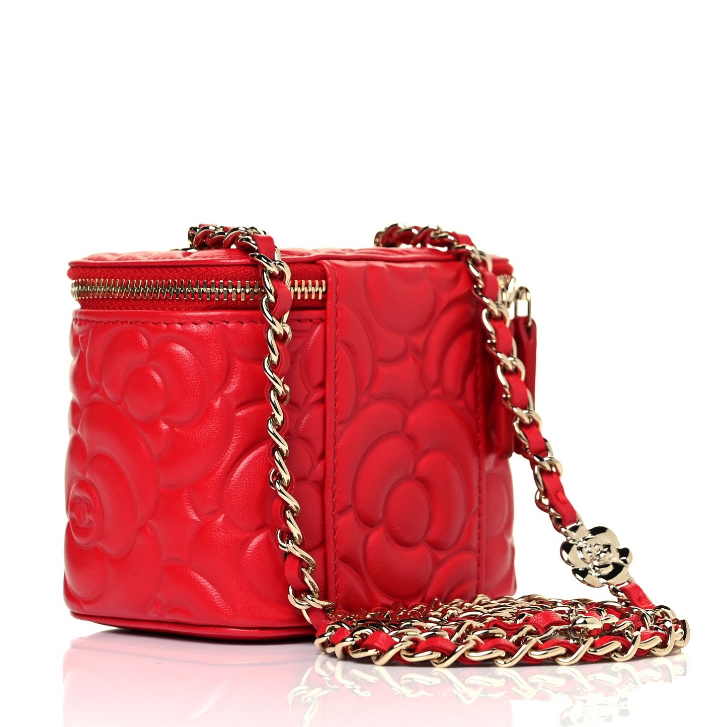 Lambskin Camellia Embossed Mini Vanity Case With Chain Red