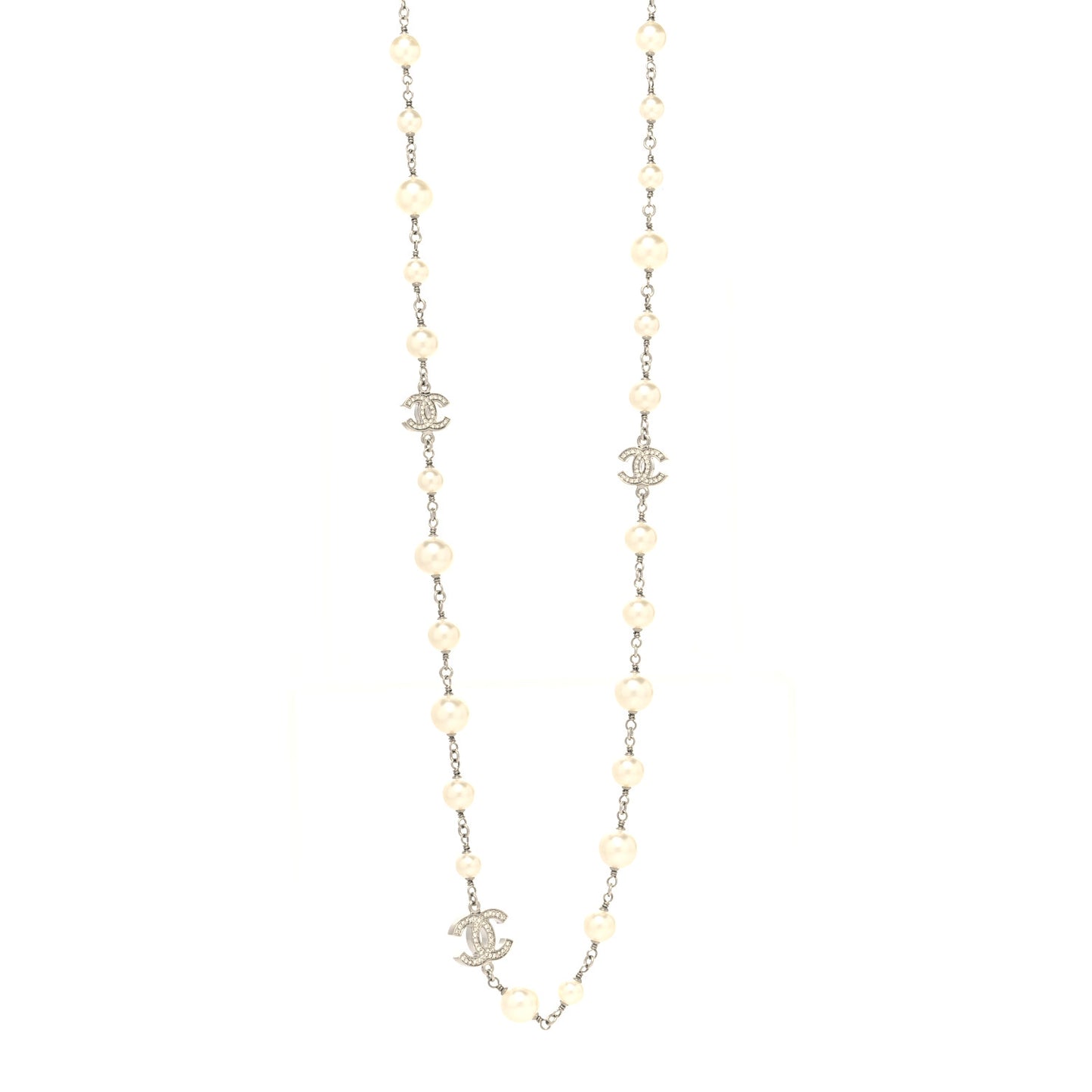 Pearl CC Long Necklace Silver