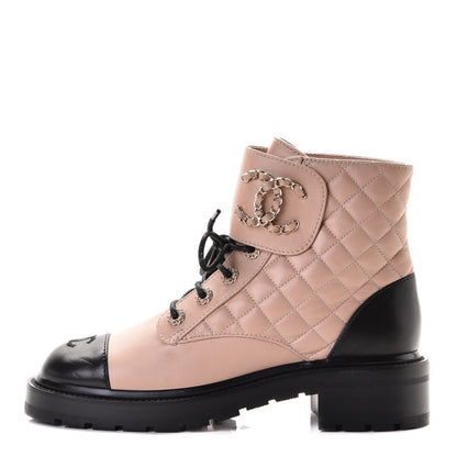 Chanel Shiny Lambskin Quilted Lace Up Combat Boots 39 Beige Black 1 of 8