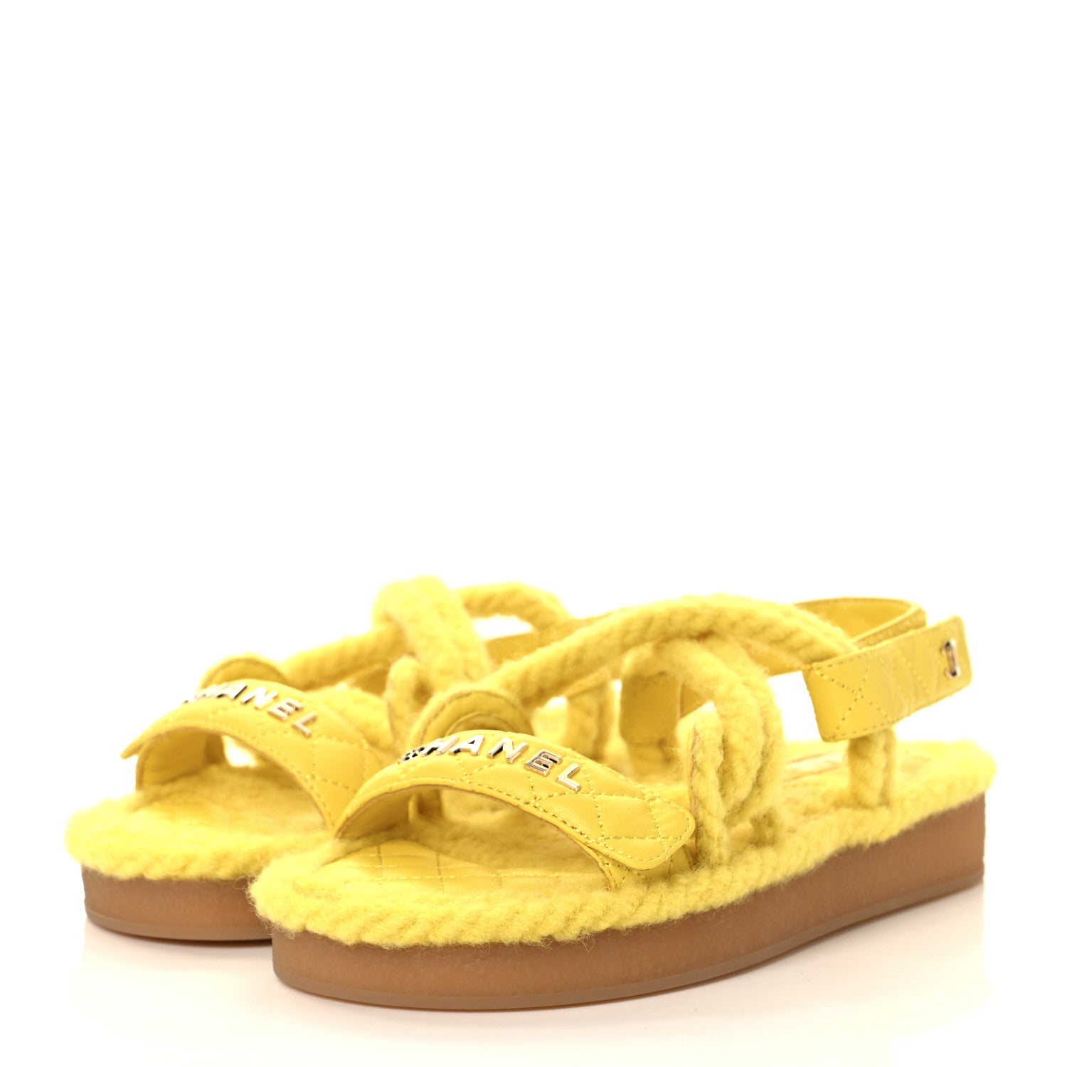 Chanel Cord Lambskin Quilted Logo Sandals 37 Yellow 3 of 8