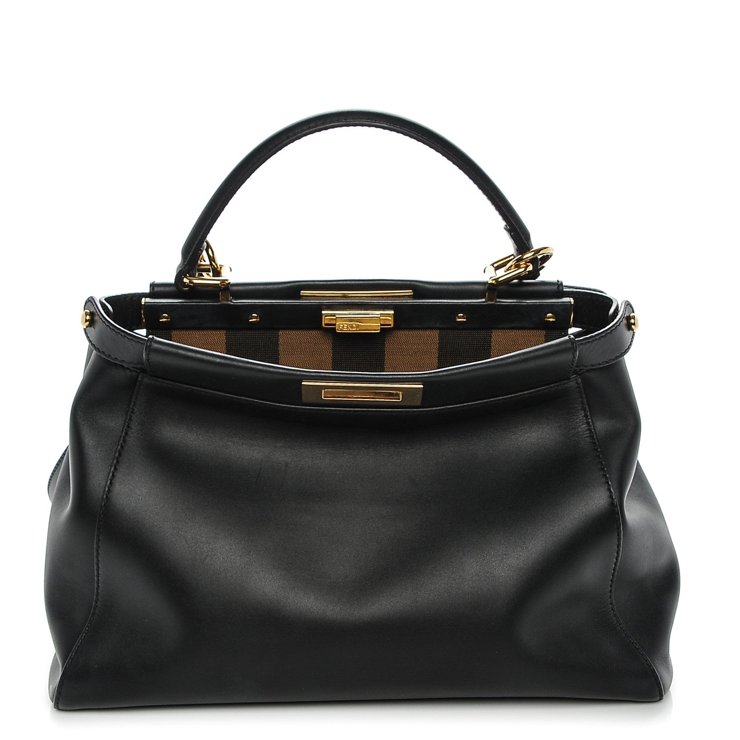 Fendi Vitello Morgan Fabric Jacquard Pequin Medium Peekaboo Iconic Satchel Black Tobacco 1 of 7