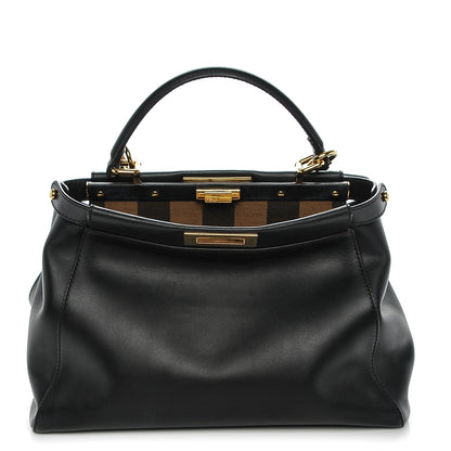 Fendi Vitello Morgan Fabric Jacquard Pequin Medium Peekaboo Iconic Satchel Black Tobacco 1 of 7