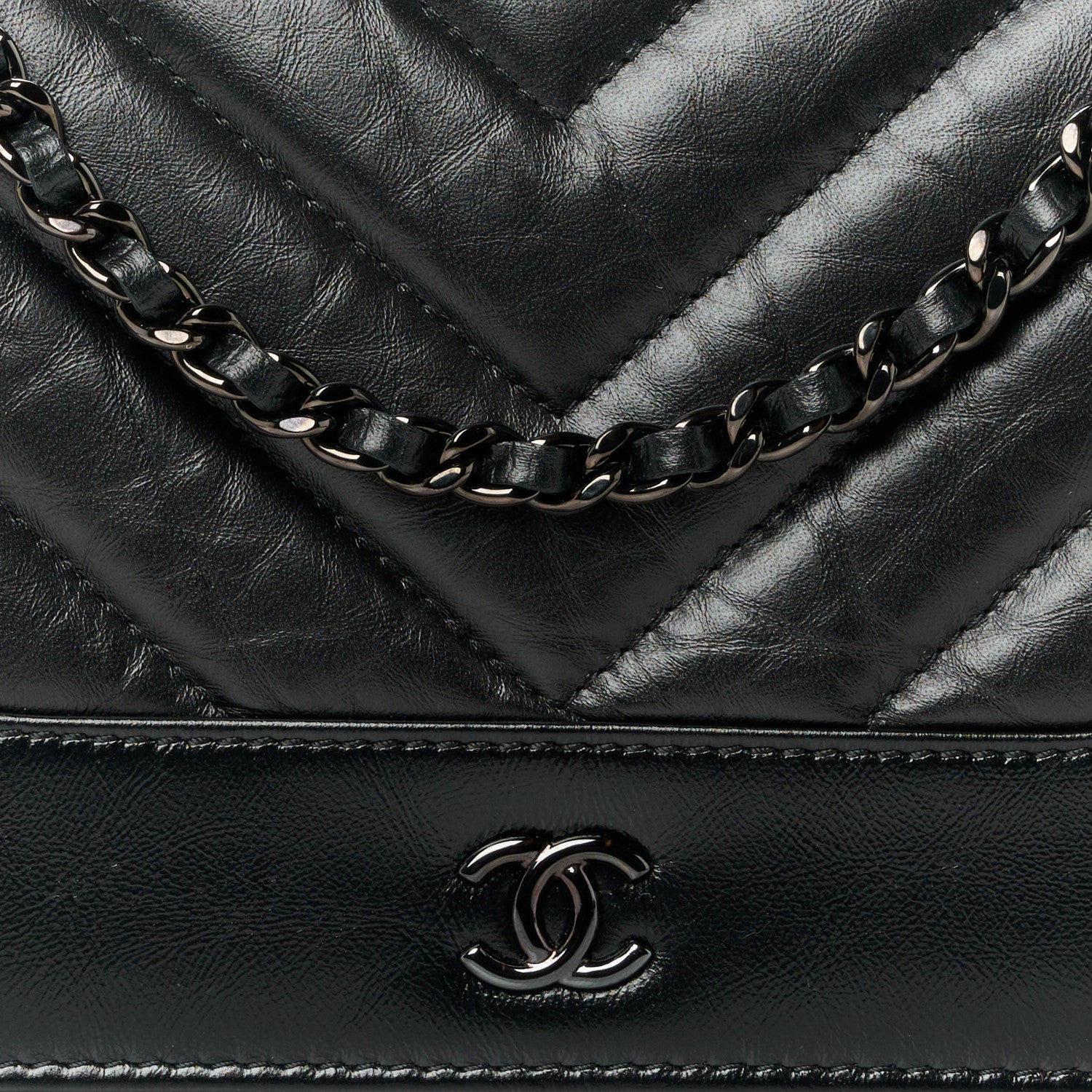 Chanel Aged Calfskin Chevron Quilted Gabrielle Wallet On Chain WOC Black 9 of 13