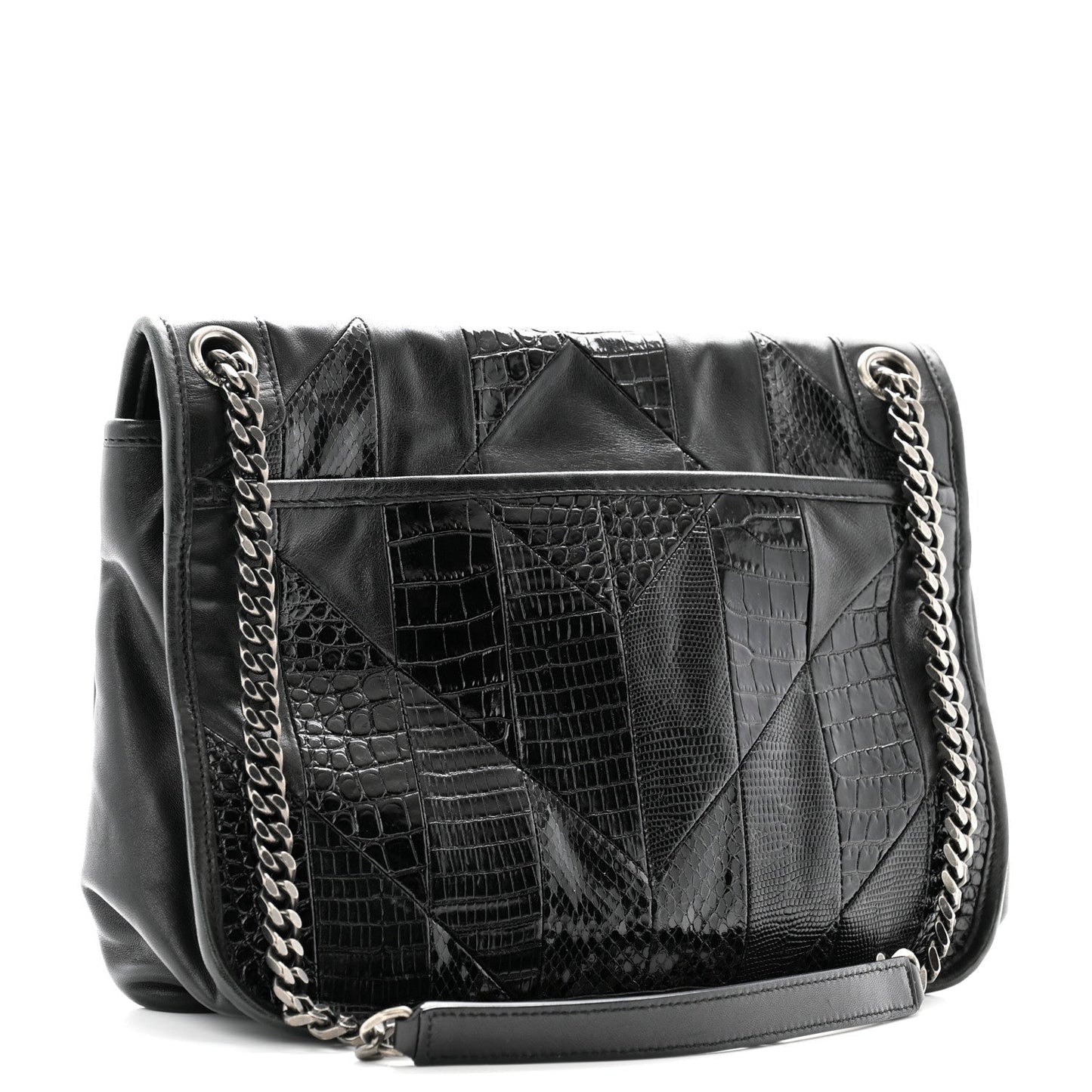 Calfskin Ayers Patchwork Monogram Medium Niki Chain Satchel Black