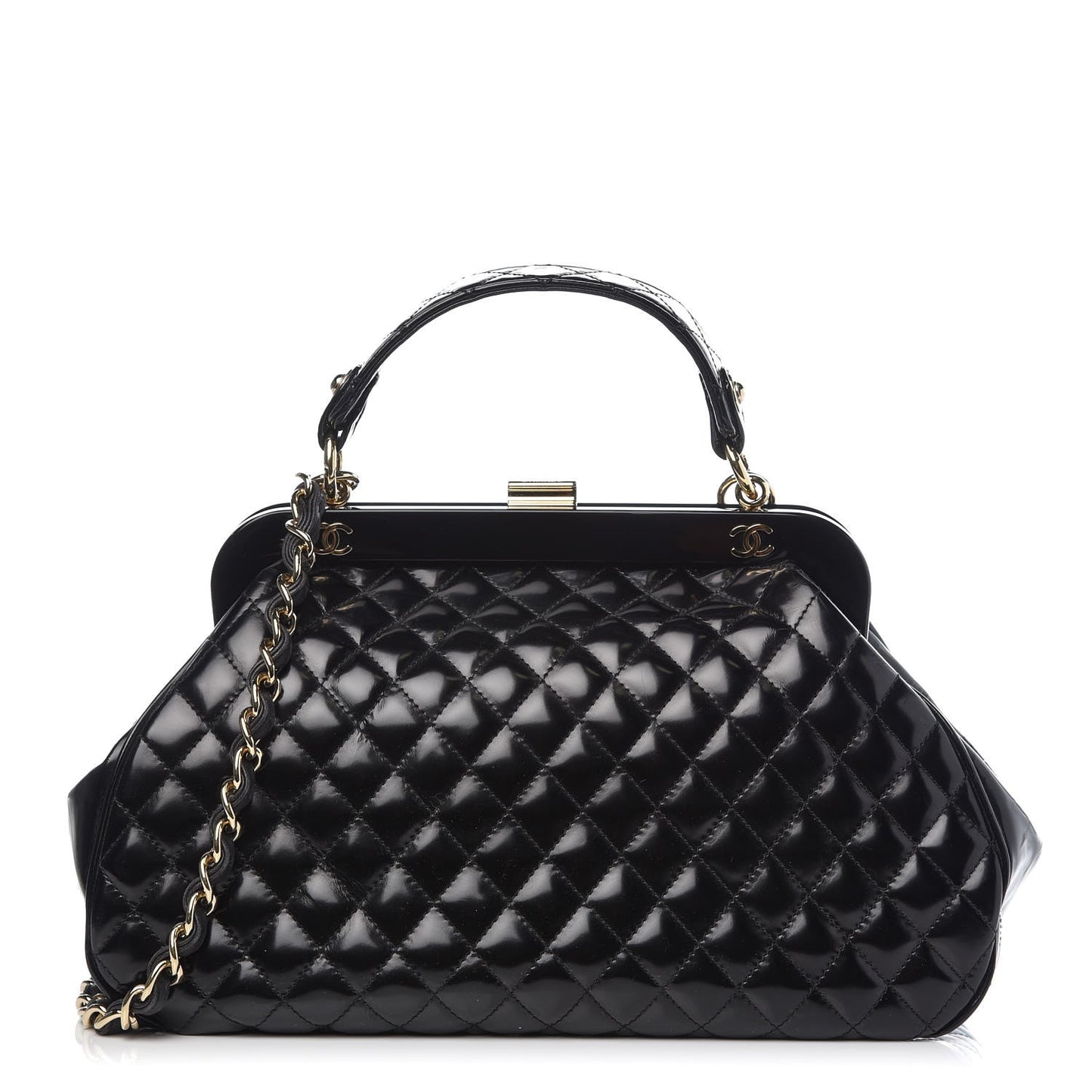 Glazed Calfskin Quilted Small Mademoiselle Frame Bag Black