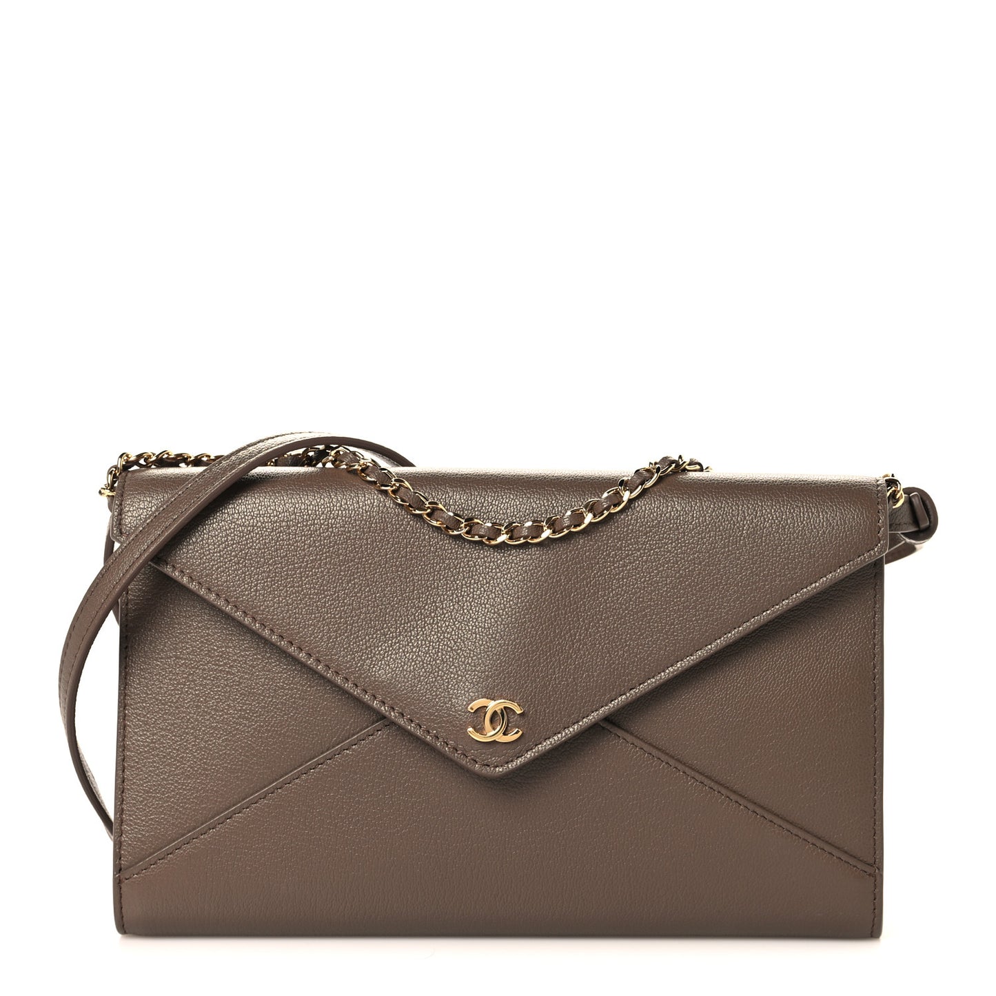 Grained Goatskin Envelope Clutch With Chain Light Brown