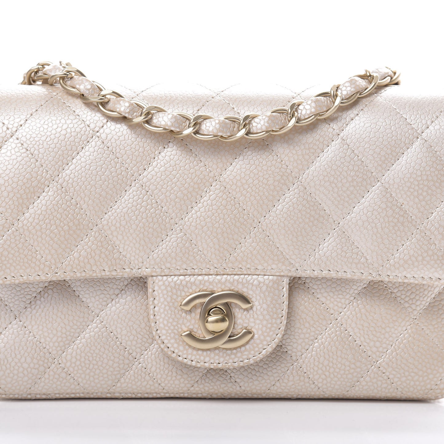 Pearly Caviar Quilted Mini Rectangular Flap Beige