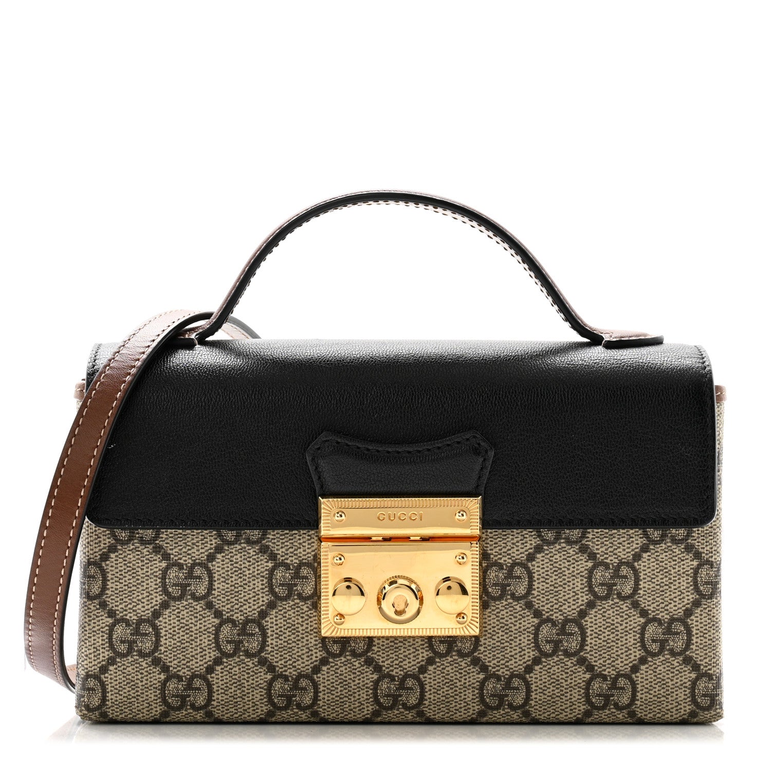 Gucci GG Supreme Monogram Calfskin Mini Padlock Top Handle Shoulder Bag Beige Black Cuir 1 of 11