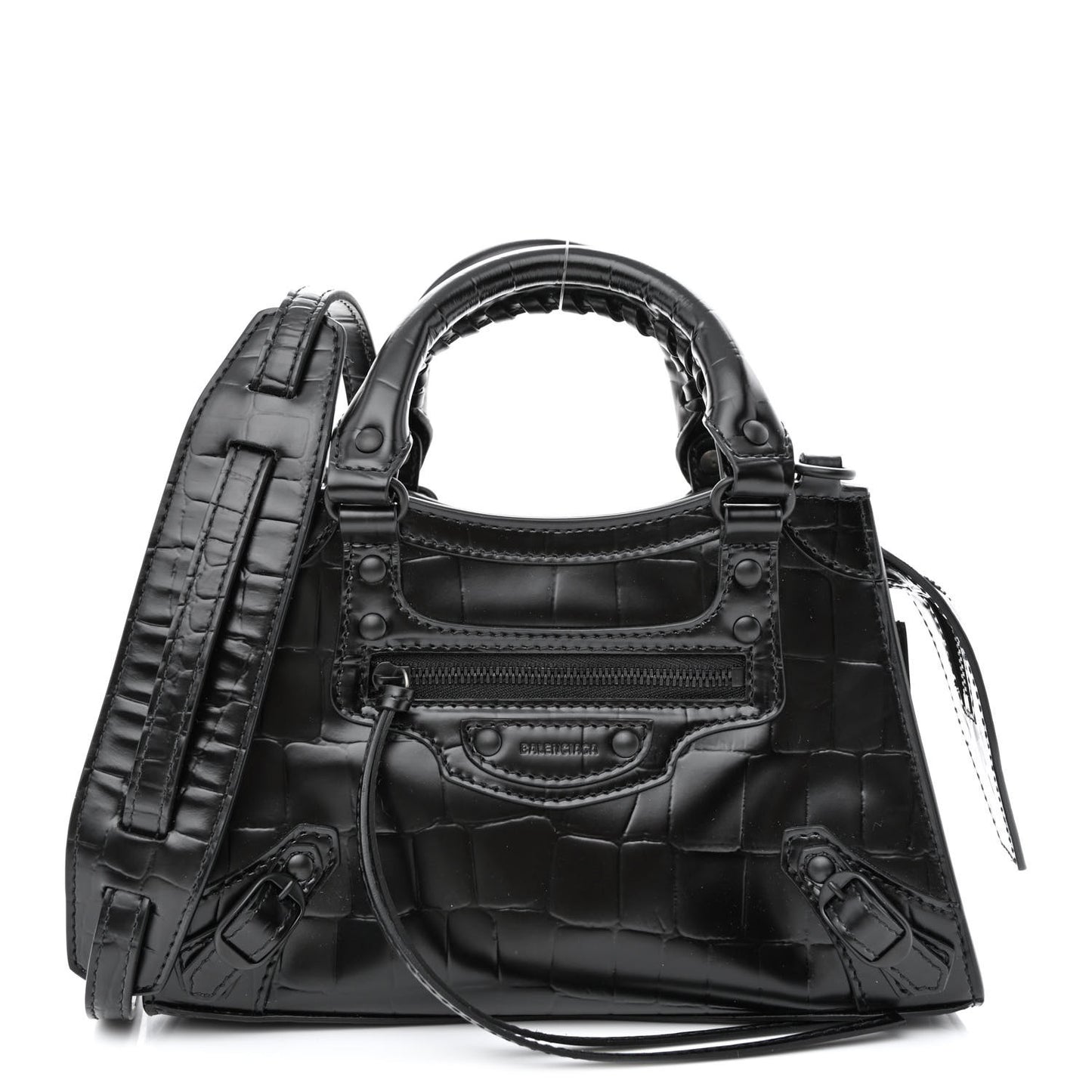 Semi Shiny Calfskin Crocodile Embossed Neo Classic Black Hardware Mini City Black