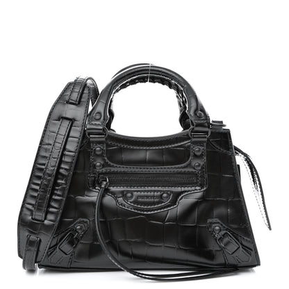 Balenciaga Semi Shiny Calfskin Crocodile Embossed Neo Classic Black Hardware Mini City Black 1 of 12