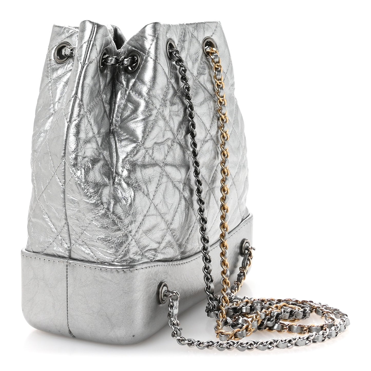 Metallic Crumpled Calfskin Quilted Small Gabrielle Backpack Silver