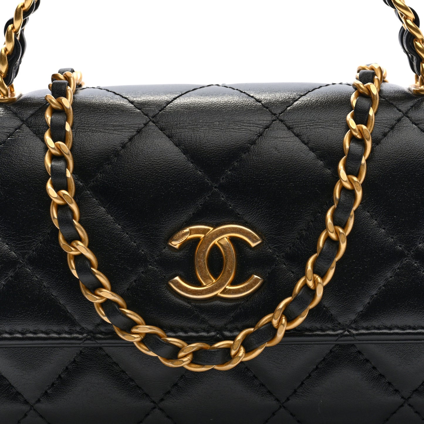 Shiny Calfskin Quilted Top Handle Flap Phone Holder With Chain Black