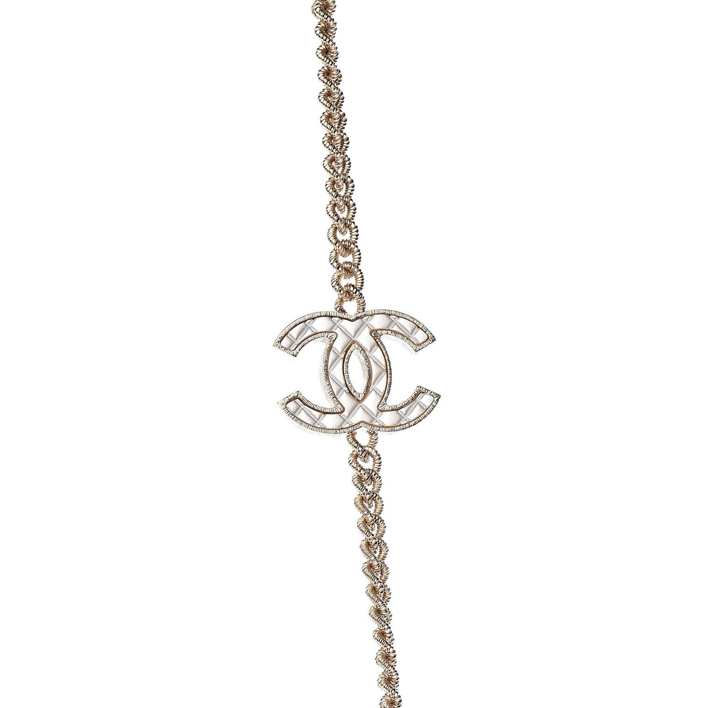 Quilted CC Long Chain Necklace Gold Pearly White