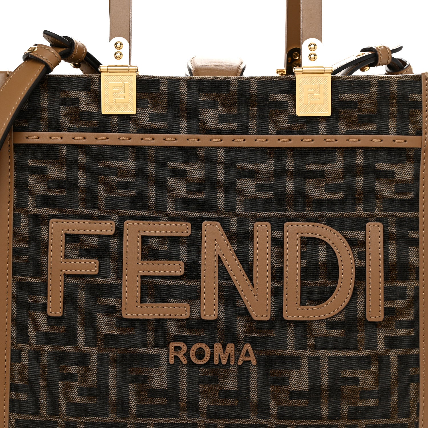 Fendi Fabric Jacquard FF 1974 Logo Small Fendi Sunshine Shopper Tote Tobacco Moro Sand 10 of 10