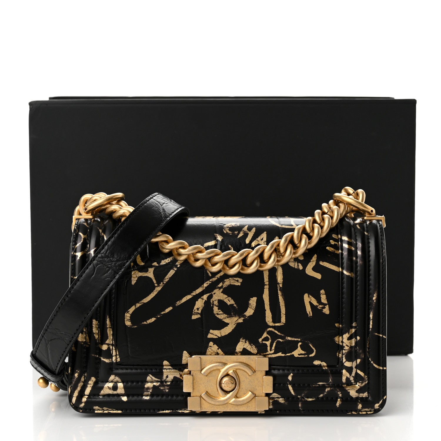 Chanel Calfskin Crocodile Embossed Graffiti Cocodile Small Boy Flap Black Gold 11 of 11