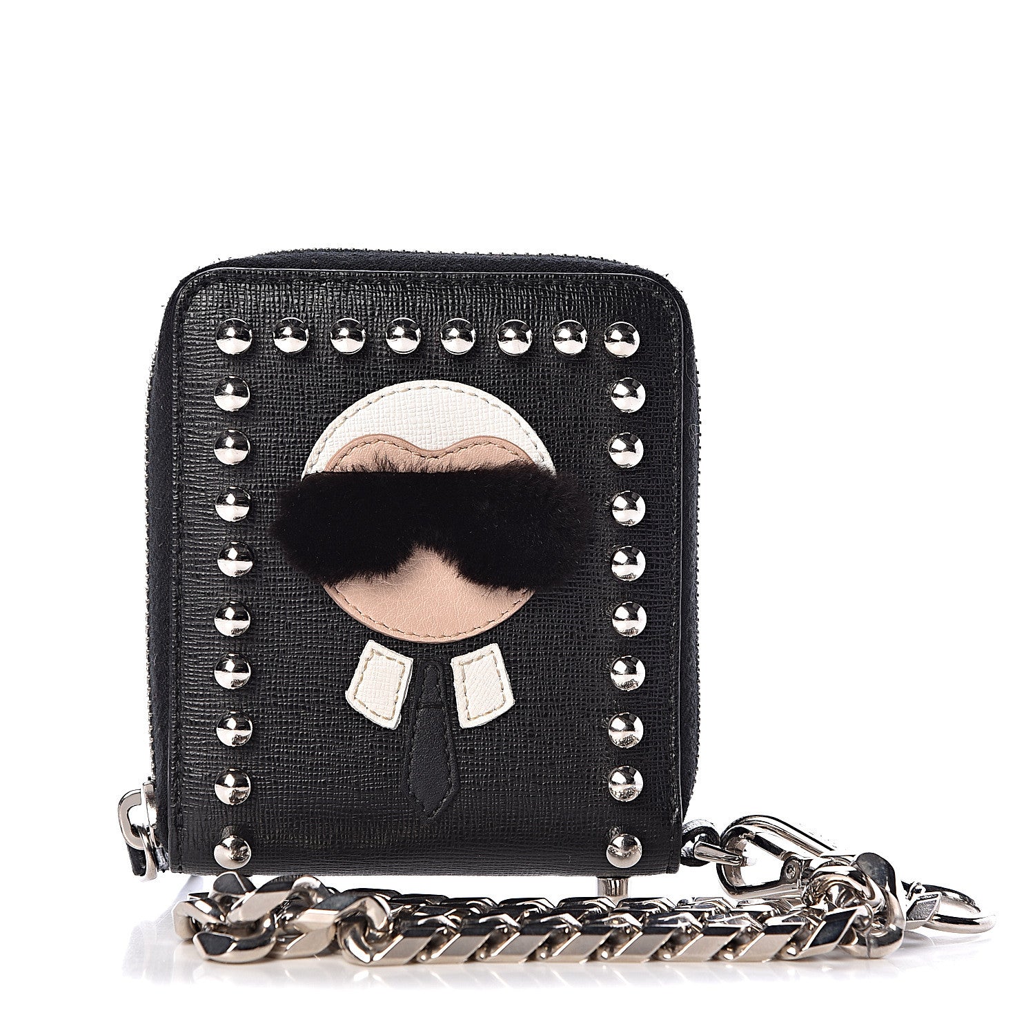 Fendi Vitello Elite Flamingo Mink Karlito Studded Zip Around Chain Wallet Black White Plaster 1 of 7