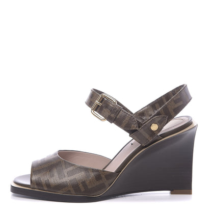 Fendi Glazed Fabric FF Wedge Sandals 36.5 Tobacco Moro 1 of 7