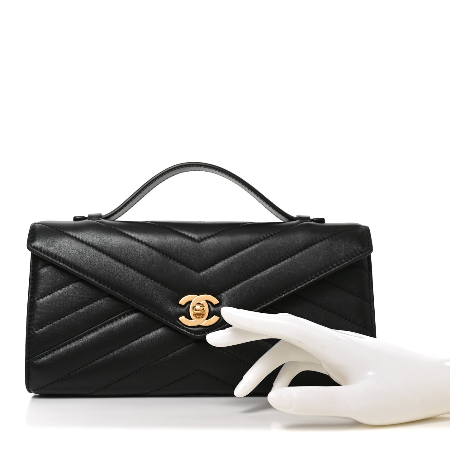 Lambskin Chevron Quilted Top Handle Envelope Clutch Black