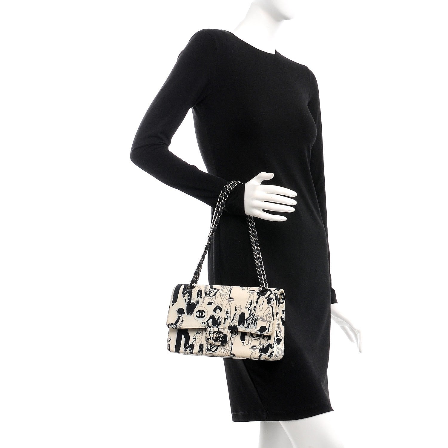 Chanel Canvas Printed Medium Double Flap Black White 3 of 17