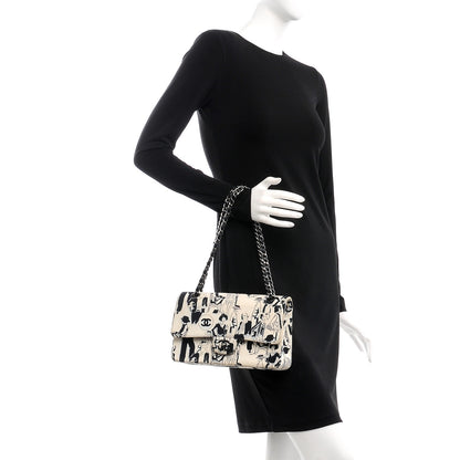 Chanel Canvas Printed Medium Double Flap Black White 3 of 17