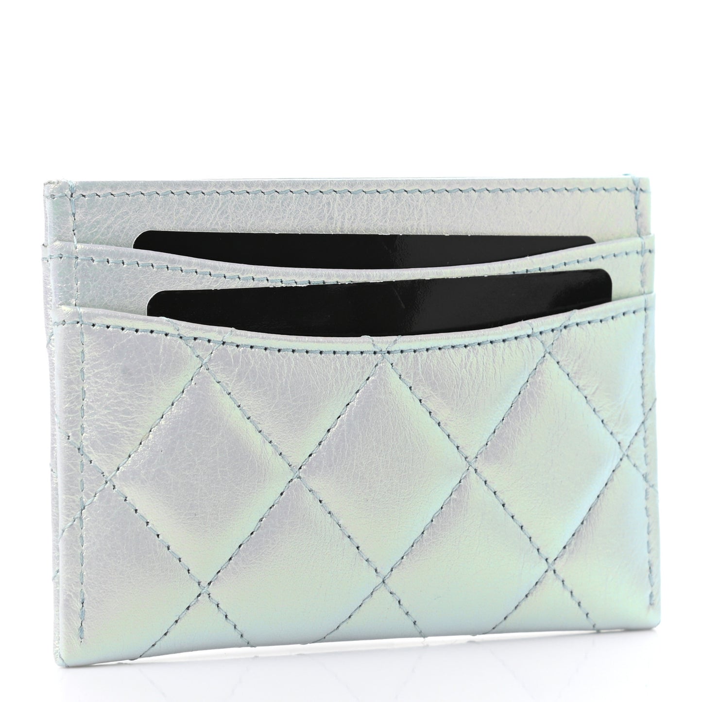 Iridescent Calfskin Quilted Card Holder Light Blue