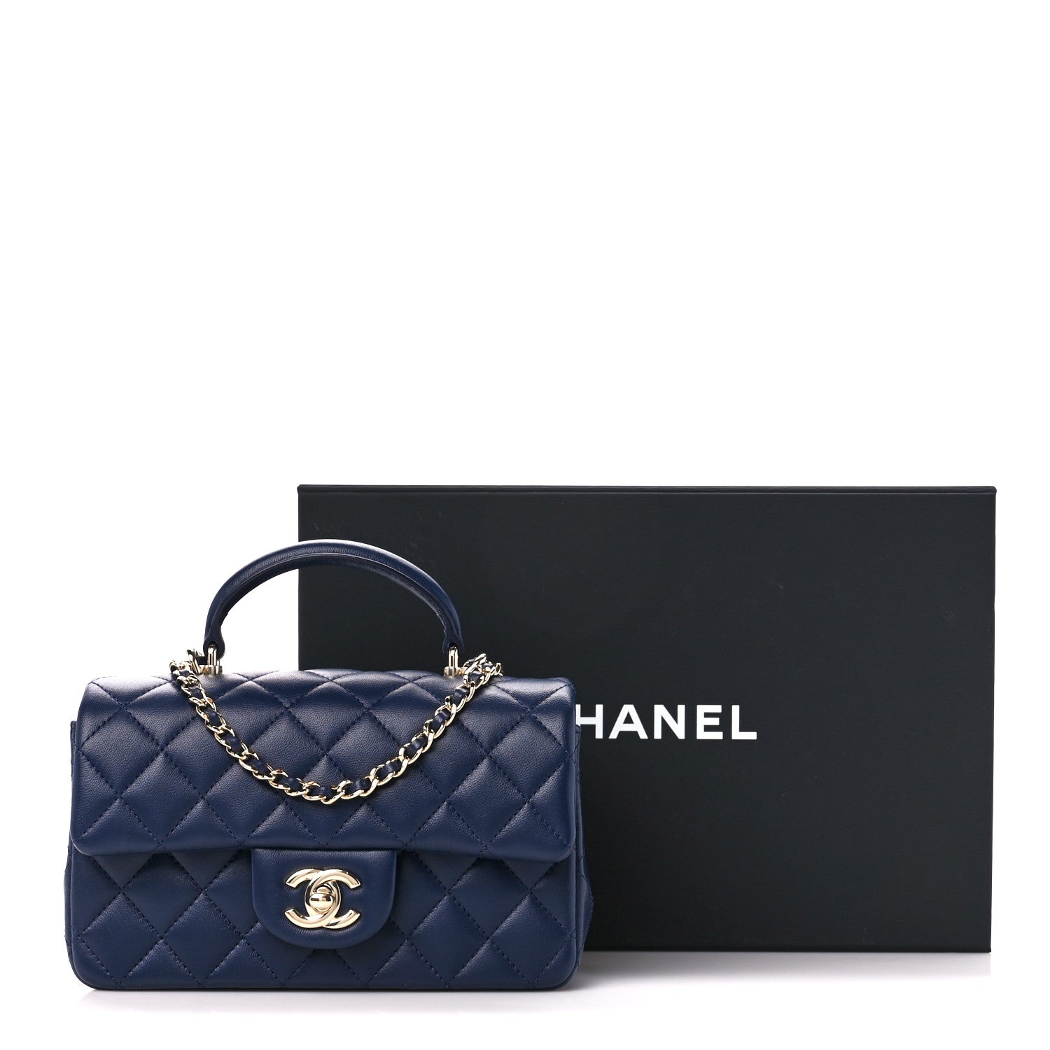 Chanel Lambskin Quilted Mini Top Handle Rectangular Flap Navy Blue 12 of 12