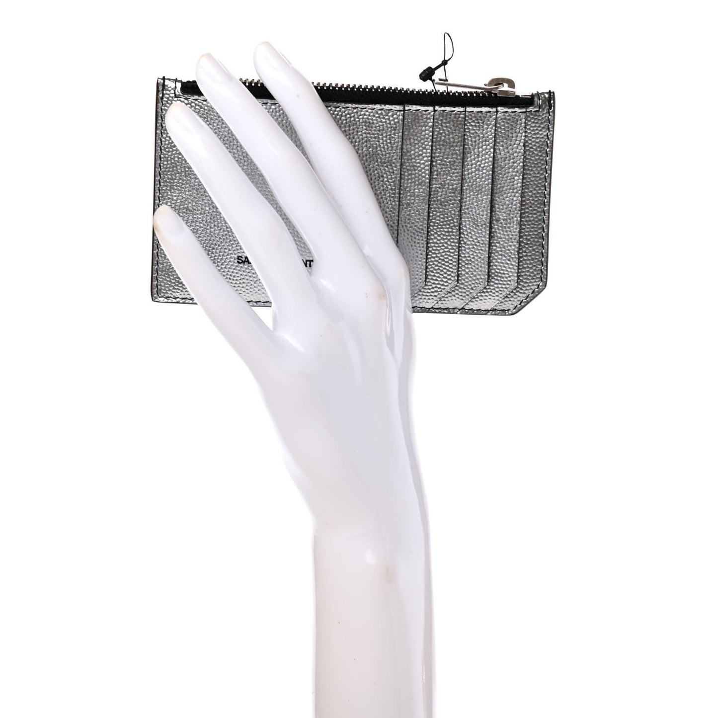 Grained Calfskin 5 Fragments Zip Pouch Card Holder Silver