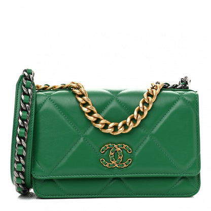 Chanel Shiny Lambskin Quilted Chanel 19 Wallet On Chain WOC Green 1 of 12