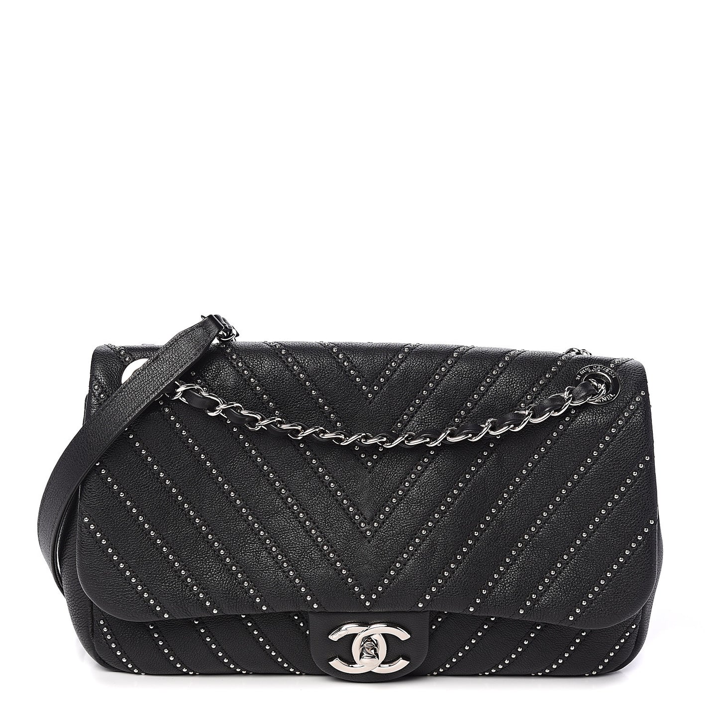 Calfskin Studded Chevron Quilted Wars Flap Black