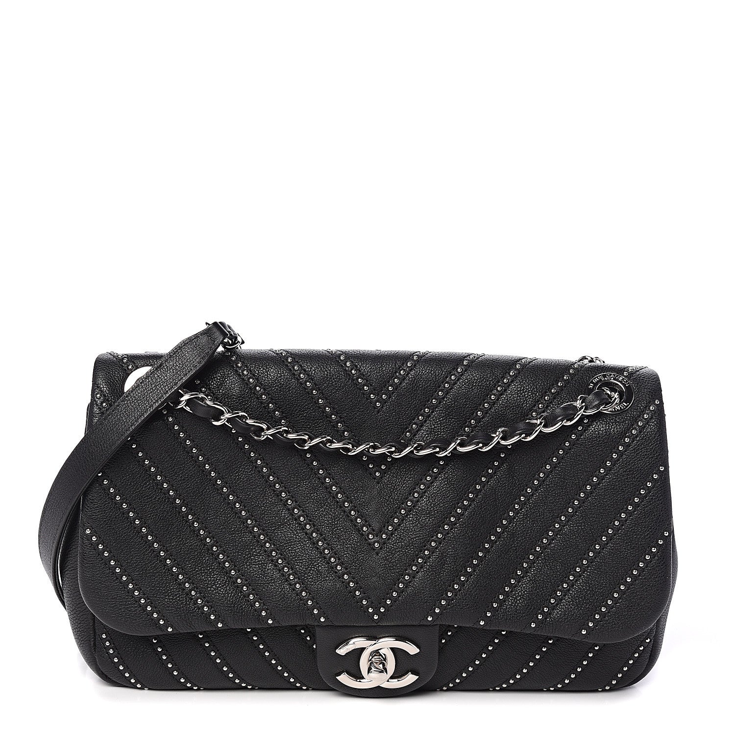 Chanel Calfskin Studded Chevron Quilted Wars Flap Black 1 of 9