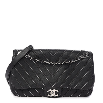 Chanel Calfskin Studded Chevron Quilted Wars Flap Black 1 of 9
