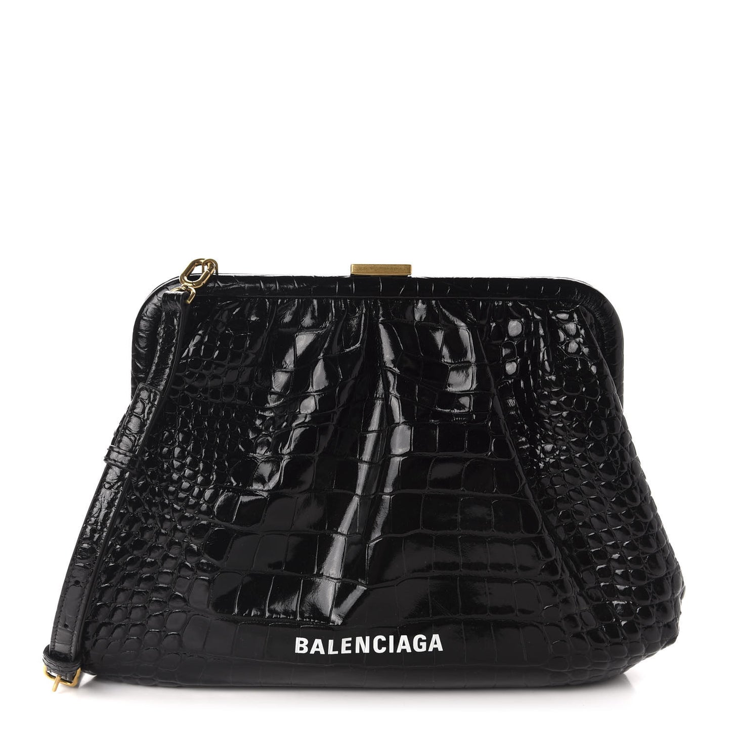 Shiny Supple Calfskin Logo Crocodile Embossed Cloud Crossbody Bag Black White